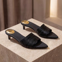Veloria Pleated Leather Strap Mules with Pointed Toe and Kitten Heel