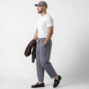 Kairo Cropped Tapered Cotton Linen Pants, Elasticated Waist and Zip Pocket