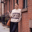 Evara Cable Knit Sweater | Contrast Panel Embroidered Crew-Neck Pullover