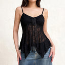 Floral Lace Spaghetti Strap Cami Top with Ruched Tie and Ruffle Hem