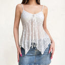 Floral Lace Spaghetti Strap Cami Top with Ruched Tie and Ruffle Hem