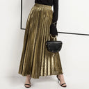 Winnie High Waist Metallic Pleated Midi Skirt with Flowy A-Line Silhouette