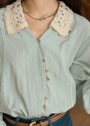 Norie Vintage Crochet Collar Button Down Blouse with Long Puff Sleeves