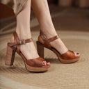Romi Retro Leather Platform Block Heel Sandals with Crossover Ankle Strap