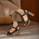 Romi Retro Leather Platform Block Heel Sandals with Crossover Ankle Strap