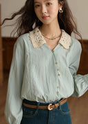 Norie Vintage Crochet Collar Button Down Blouse with Long Puff Sleeves