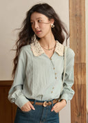 Norie Vintage Crochet Collar Button Down Blouse with Long Puff Sleeves