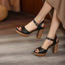 Romi Retro Leather Platform Block Heel Sandals with Crossover Ankle Strap