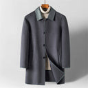 Vienna Longline Wool Coat, Contrast Leather Collar Trim and Slash Pockets