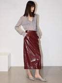 Mona High Waist Patent PU Leather Pencil Midi Skirt with Pockets and Back Slit