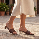 Veloria Pleated Leather Strap Mules with Pointed Toe and Kitten Heel