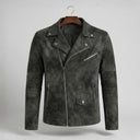 Montello Suede Zip Jacket with Padded Biker Sleeves and Asymmetric Snap Lapel