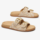 Carmen Bohemian Embroidered Raffia Slide Sandals with Double Buckle Footbed
