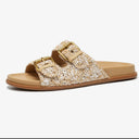 Carmen Bohemian Embroidered Raffia Slide Sandals with Double Buckle Footbed