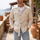 Edrin Striped Over Shirt | Belted Four-Pocket Safari Shirt Jacket