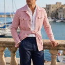 Edrin Striped Over Shirt | Belted Four-Pocket Safari Shirt Jacket