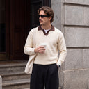 Knit Polo Sweater | Contrast-Collar Long-Sleeve Pullover