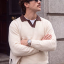 Knit Polo Sweater | Contrast-Collar Long-Sleeve Pullover
