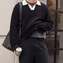 Knit Polo Sweater | Contrast-Collar Long-Sleeve Pullover