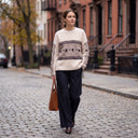 Evara Cable Knit Sweater | Contrast Panel Embroidered Crew-Neck Pullover