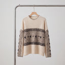 Evara Cable Knit Sweater | Contrast Panel Embroidered Crew-Neck Pullover