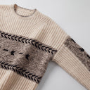 Evara Cable Knit Sweater | Contrast Panel Embroidered Crew-Neck Pullover
