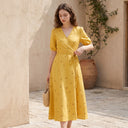 Verena | Wrap V-Neck Tie Waist A-Line Midi Dress with Puff Sleeves