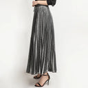 Winnie High Waist Metallic Pleated Midi Skirt with Flowy A-Line Silhouette