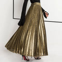 Winnie High Waist Metallic Pleated Midi Skirt with Flowy A-Line Silhouette