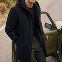 Merino Wool Hooded Coat with Longline Silhouette and Quilted Down Interior