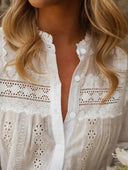 Bohemian Eyelet Embroidered Long Sleeve Blouse with Scalloped Edge Finish
