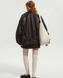 Oversized Aviator Leather Jacket featuring Pebbled Texture and Cinched Belt