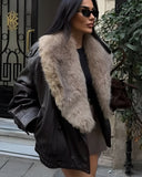 Monroe Fur Collar Aviator Jacket with Oversized Shearling Lapel and Elastic Hem