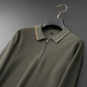 Corsa Long Sleeve Knit Zip Polo with Ripple Knit Pattern and Contrast Collar Trim