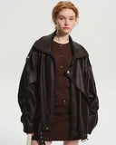 Oversized Aviator Leather Jacket featuring Pebbled Texture and Cinched Belt