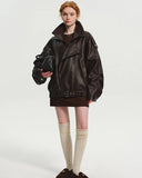 Oversized Aviator Leather Jacket featuring Pebbled Texture and Cinched Belt