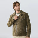 Montello Suede Zip Jacket with Padded Biker Sleeves and Asymmetric Snap Lapel