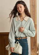 Norie Vintage Crochet Collar Button Down Blouse with Long Puff Sleeves