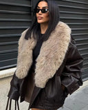 Monroe Fur Collar Aviator Jacket with Oversized Shearling Lapel and Elastic Hem