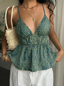 Solei | Paisley Print V-Neck Crisscross Back Peplum Cami Top for Women