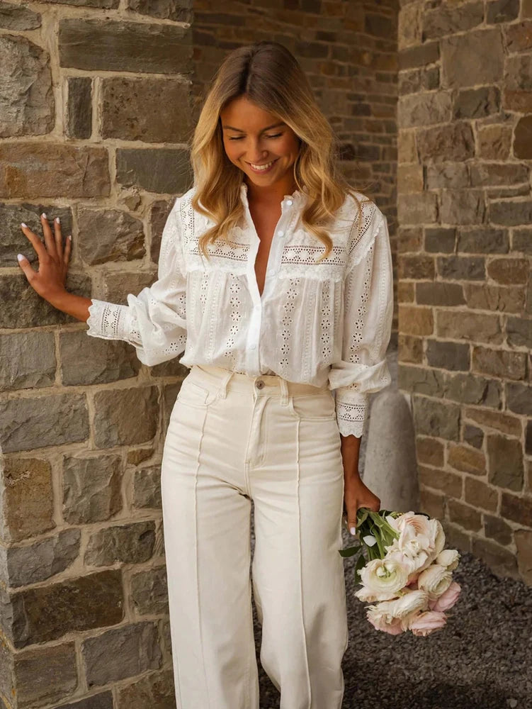Bohemian Eyelet Embroidered Long Sleeve Blouse with Scalloped Edge Fin ...