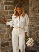 Bohemian Eyelet Embroidered Long Sleeve Blouse with Scalloped Edge Finish