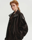 Oversized Aviator Leather Jacket featuring Pebbled Texture and Cinched Belt
