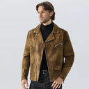 Montello Suede Zip Jacket with Padded Biker Sleeves and Asymmetric Snap Lapel