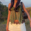 Floral Lace Spaghetti Strap Cami Top with Ruched Tie and Ruffle Hem