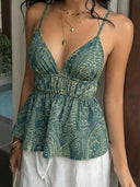 Solei | Paisley Print V-Neck Crisscross Back Peplum Cami Top for Women