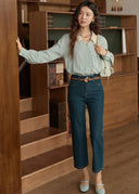 Norie Vintage Crochet Collar Button Down Blouse with Long Puff Sleeves