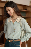 Norie Vintage Crochet Collar Button Down Blouse with Long Puff Sleeves