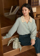 Norie Vintage Crochet Collar Button Down Blouse with Long Puff Sleeves