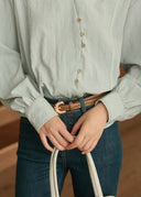 Norie Vintage Crochet Collar Button Down Blouse with Long Puff Sleeves